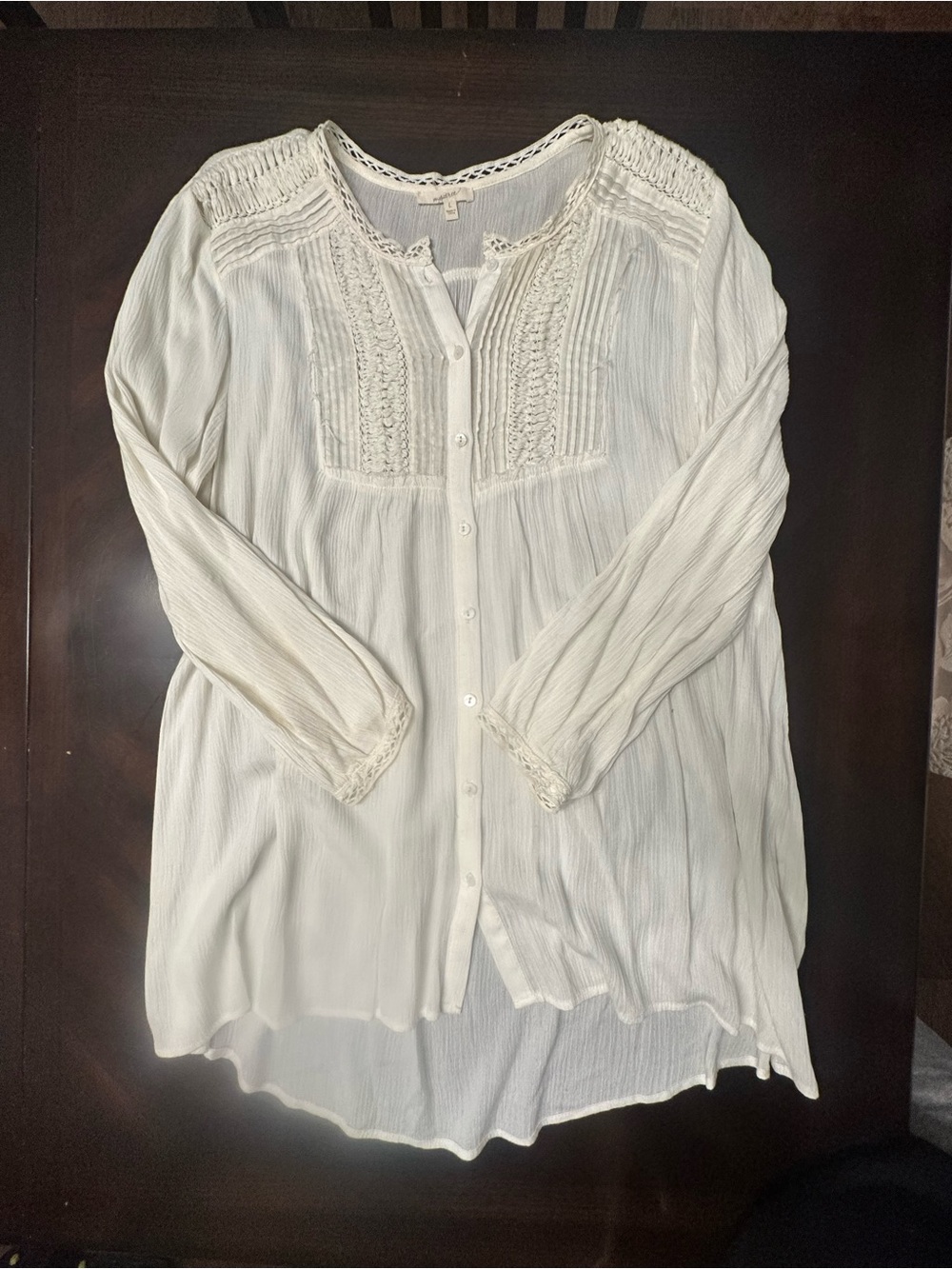 Mystree Cream Button-Front Crochet Yoke Tunic
